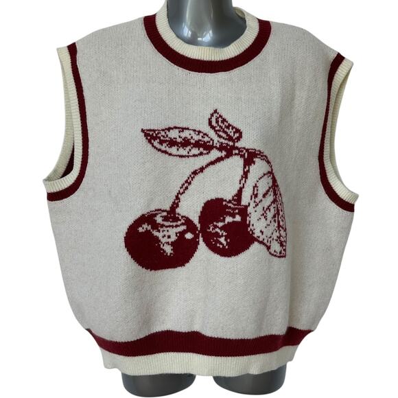 Cider Sweaters - Cider Sweater Vest Cream Burgundy Cherries Sleeveless Chunky Knit Women's Large